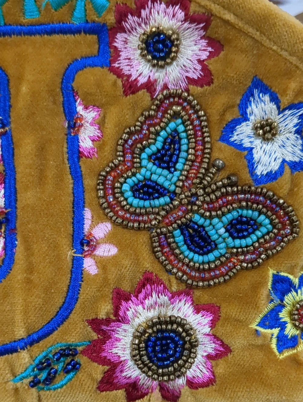 AMERICA & BEYOND Embroidered Mustard Velvet Clutch with Floral Appliqué